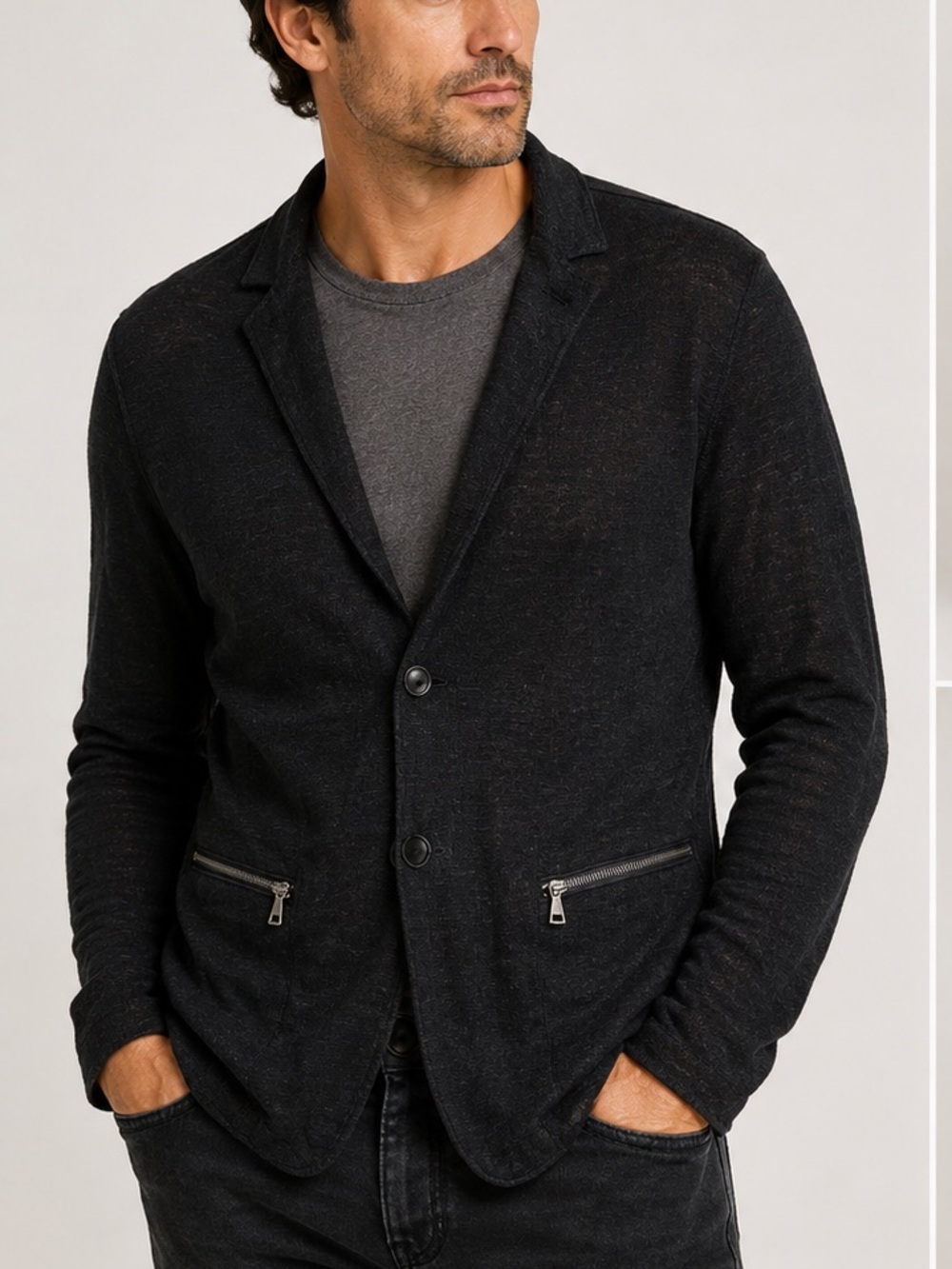 John Varvatos Men’s XL Linen Blend Knit Blazer Black Zip Pocket Jacket Black